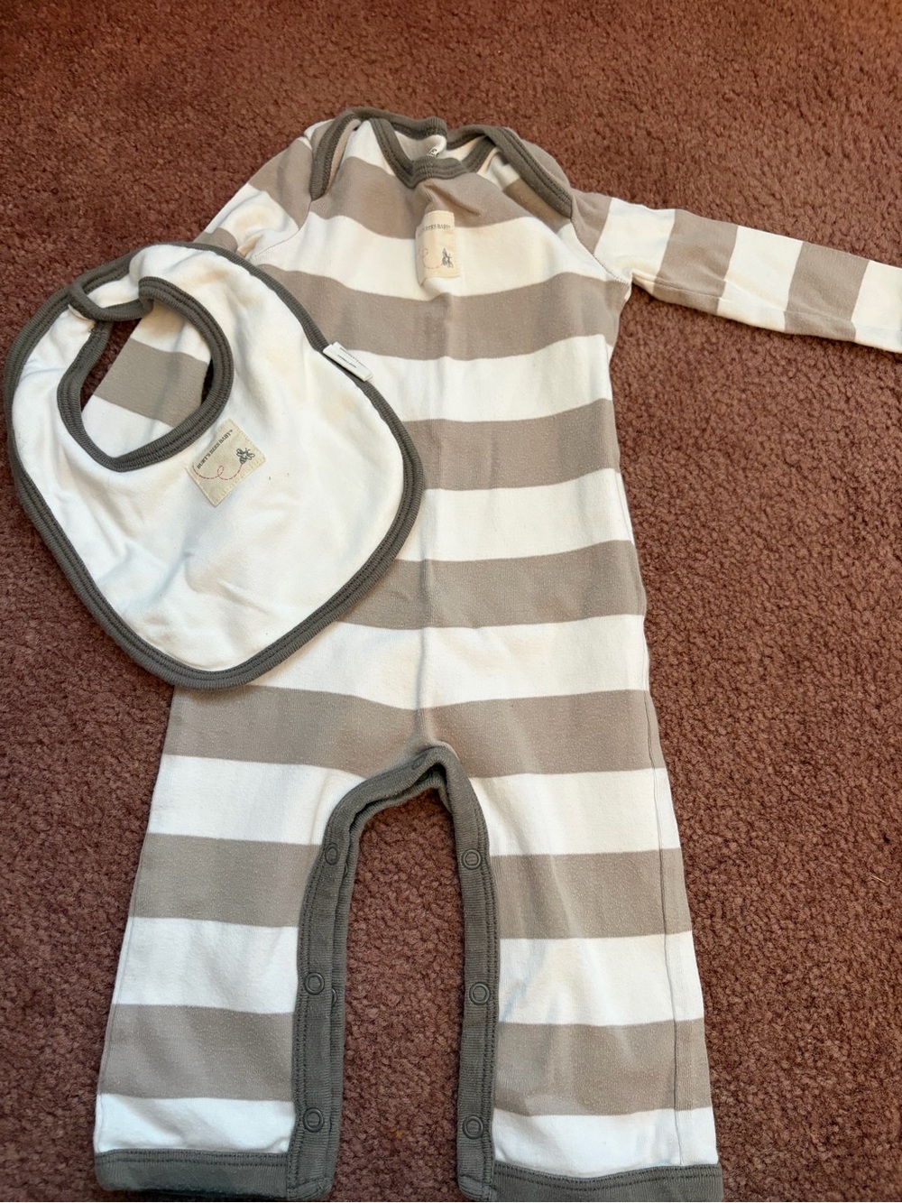 Burt's Bees Gray and White Striped Baby One-Piece with Bib